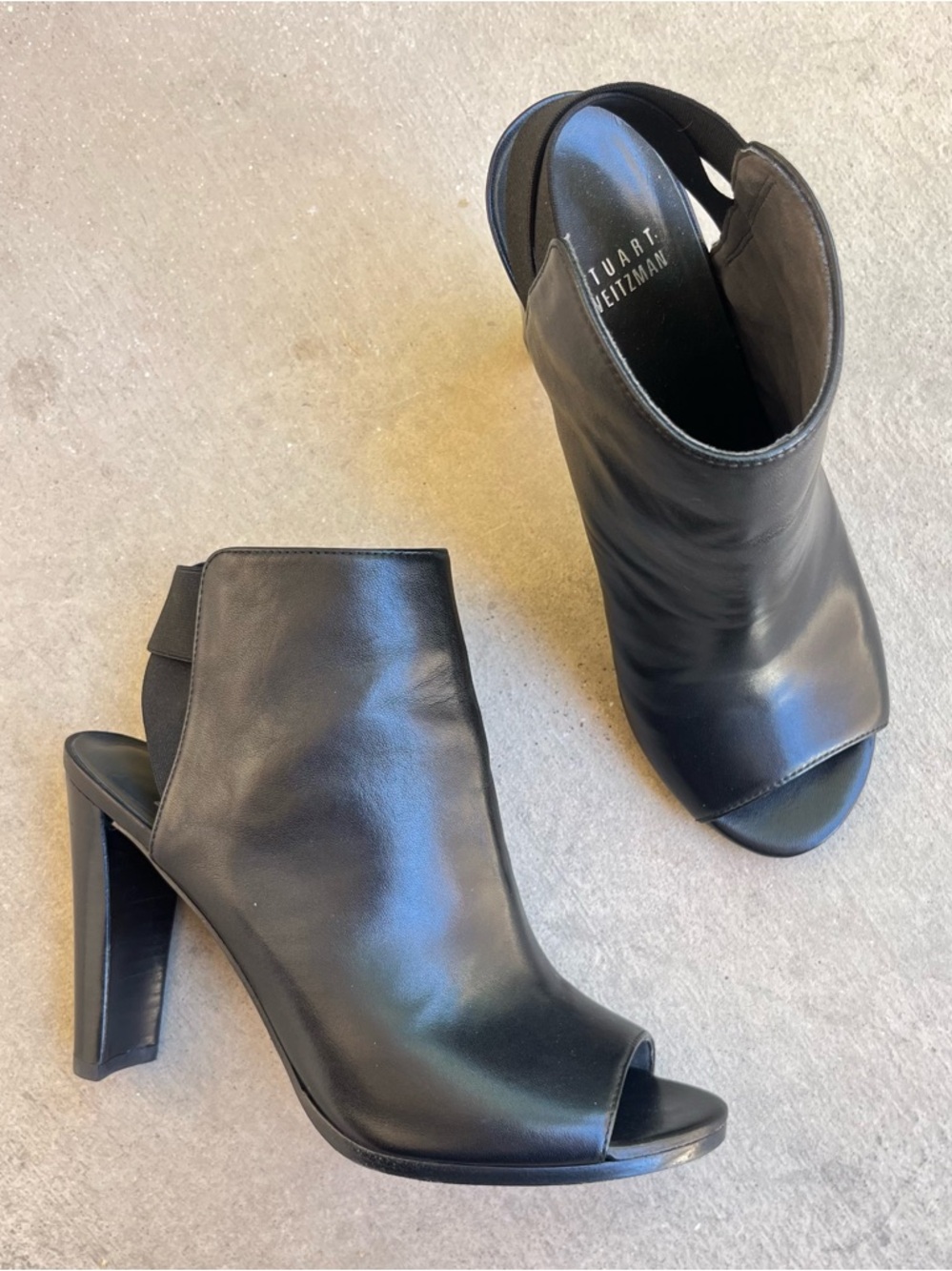 Stuart Weitzman Black Leather Peep-Toe High Heel Booties